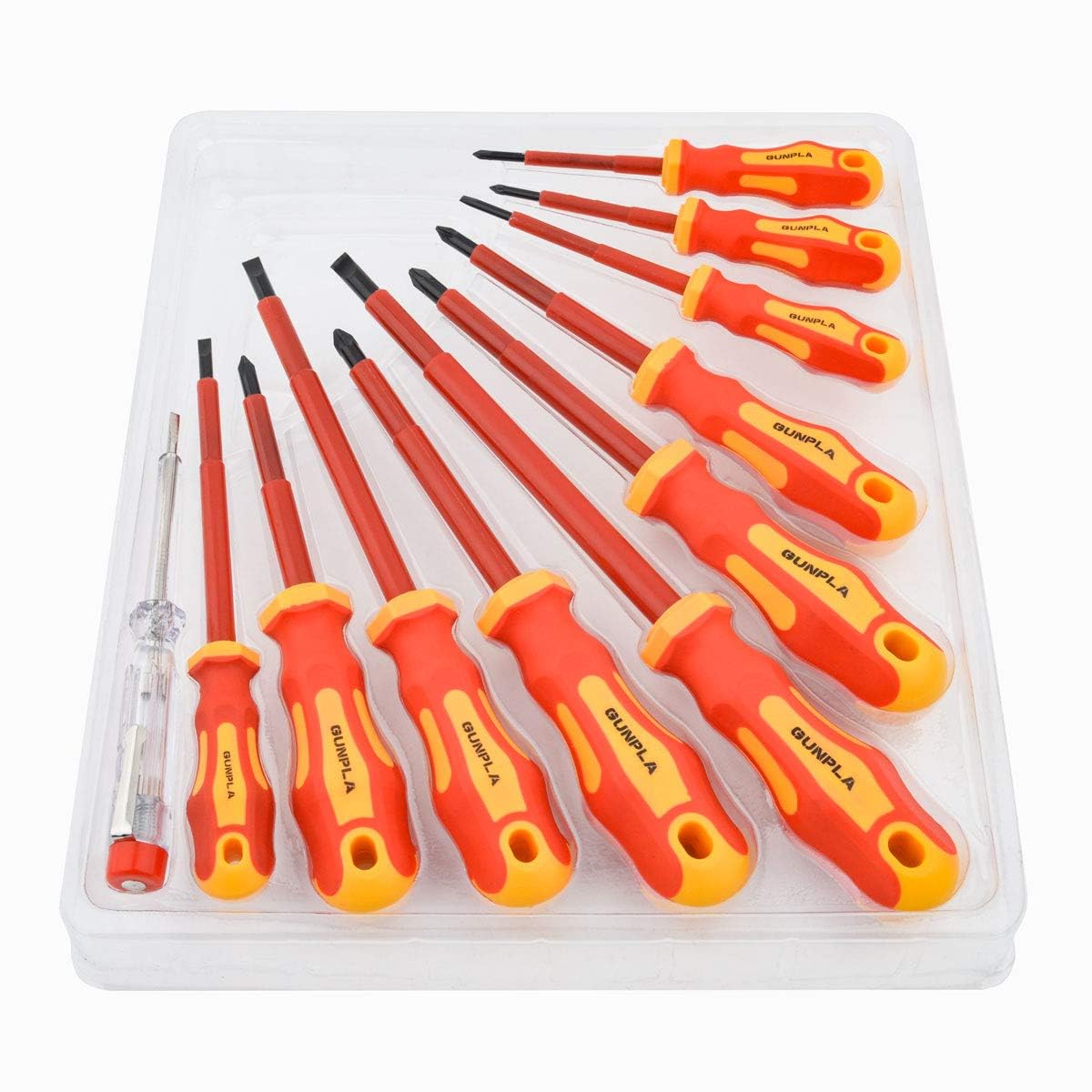 Gunpla 11 Pieces VDE Insulated Screwdriver Set, 1000V with Black Tip Magnetic, TPR Handle Electrician Soft-Grip Slotted Phillips and Pozi Tools with Safety Tester for Electrician Repair