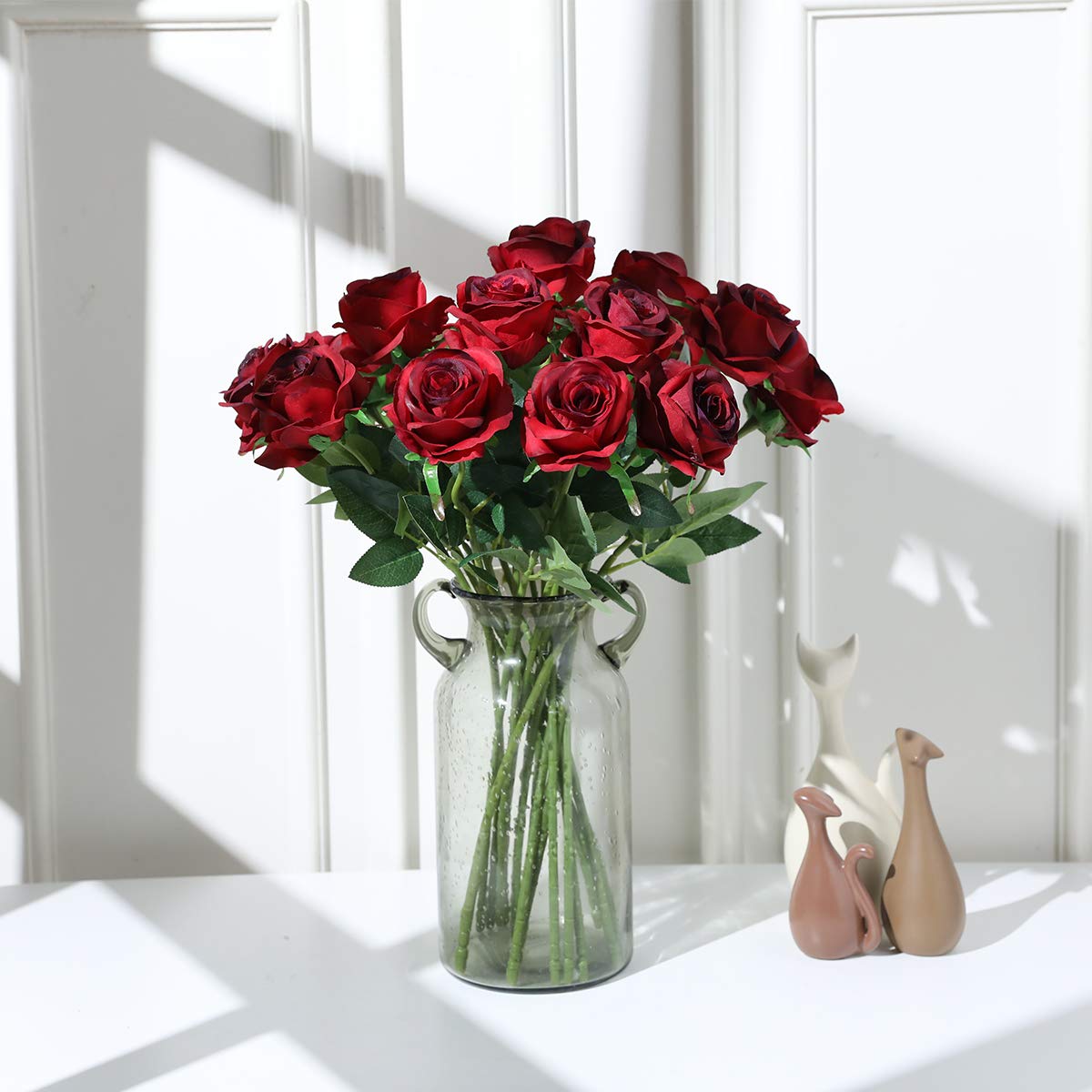 Tifuly 12 PCS Artificial Roses, 19.68'' Single Long Stem Fake Rose Silk Bridal Wedding Bouquet Realistic Flower for Home Garden Party Hotel Office Decor(Blossom Roses,Burgundy)