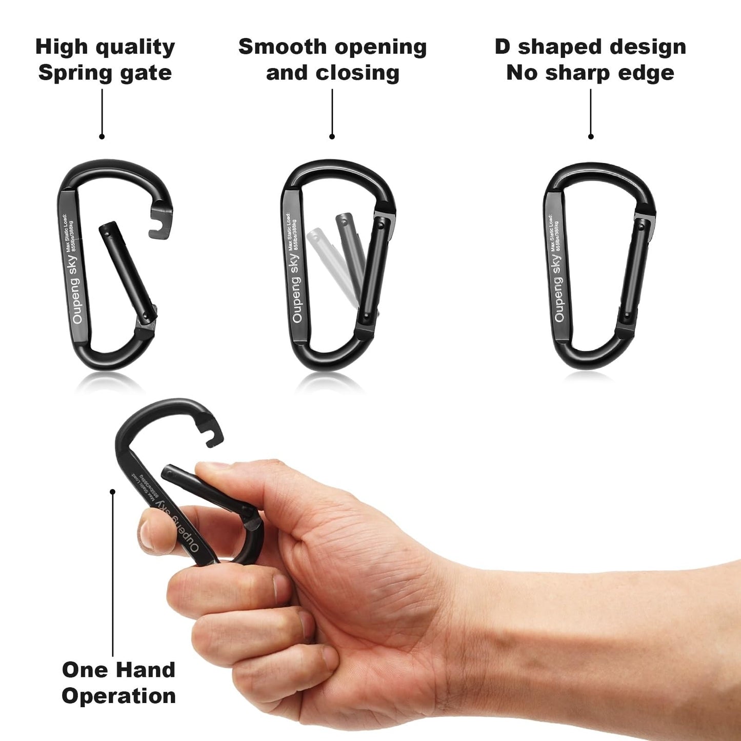 Carabiner Clip, 4 Pack, 855lbs,3" Heavy Duty Caribeaners for Hammocks, Camping Accessories, Hiking, Keychains,Outdoors and Gym etc, Small Carabiners for Dog Leash, Harness and Key Ring, Black