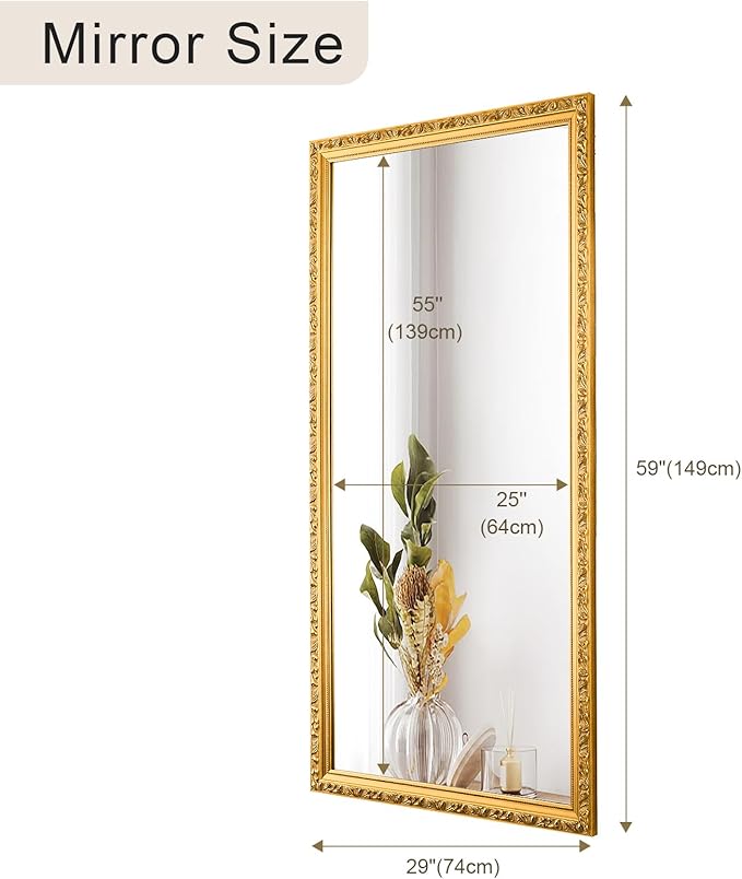 Large Decorative Mirror for Wall Decor, 59''x 29'' Gold Antiuqe Living Room Mirrors with Ornate Carvings Wood Frame, Big Vanity Mirror for Bathroom, Horizontal/Vertical