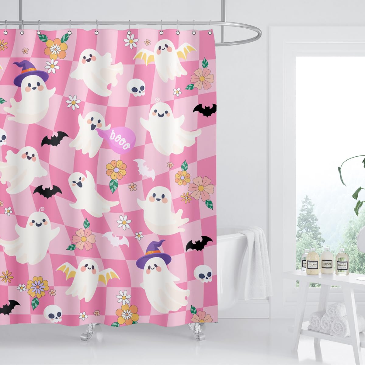 BIYSUC Halloween Ghost Shower Curtain Spooky Cute Funny Pink Checkered Retro Flower Skull Bat Trick or Treat Home Bathroom Decor Waterproof Polyester Fabric 72Lx72W Inch with Plastic Hooks