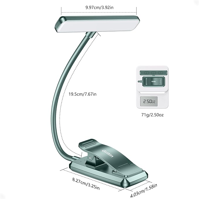 Gritin 19 LED Rechargeable Book Light for Reading in Bed with Memory Function- Eye Caring 3 Color Temperatures,Stepless Dimming Brightness,80 Hrs Runtime Clip on Light for Book Lovers-Blackish Green