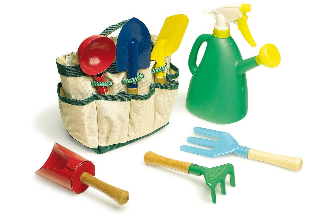 small foot 1710 Play tools garden and beach set in carry bag, 6 tools with wooden shaft and metal head incl watering can