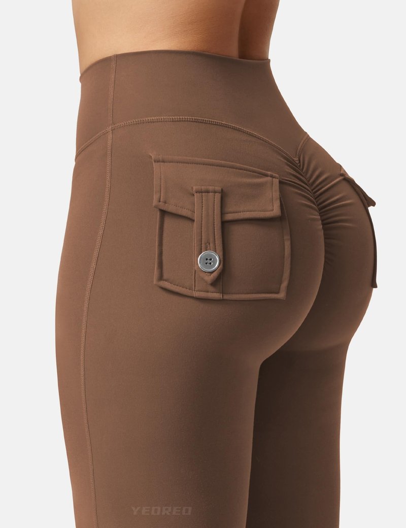 YEOREO CoreFlex Flare Leggings with Pockets for Women Scrunch Workout Leggings Butt Lifting Gym Yoga Pants Brown
