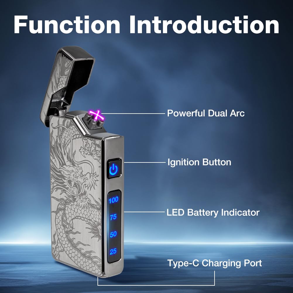 Electric Arc Plasma Lighter Portable, Rechargeable USB Lighter Windproof and Flameless for Outdoor Camping and Hiking, Cool Dragon Lighters for Men, Gifts for Him Men Father (Black)