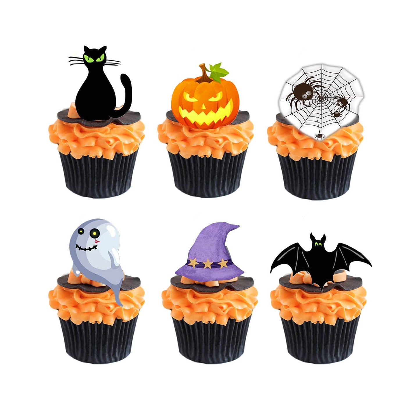 Halloween Edible Cupcake Toppers Pumpkin Ghost Bat Black Cat - Pre-cut Wafer Paper Cake Decorations,36pcs