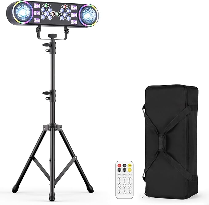 80W Dj Lights with Stand,7 in 1 Party Light Dj Disco Lights Sound Activated DMX Wireless Control with Rotating Ball,Strobe,UV,Colorful Effect for Stage KTV Band Wedding with Carry Bag (Black, 1)