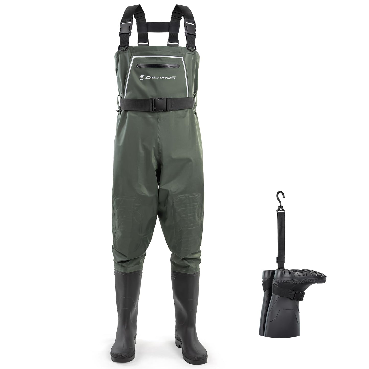 Calamus WaveWalker Fishing Waders for Men & Women, 100% Waterproof PVC Chest Waders with Slip-Resistant Boots, Tear-Resistant Nylon, Ample Storage, Wader Hanger, Military Green, M5/W7