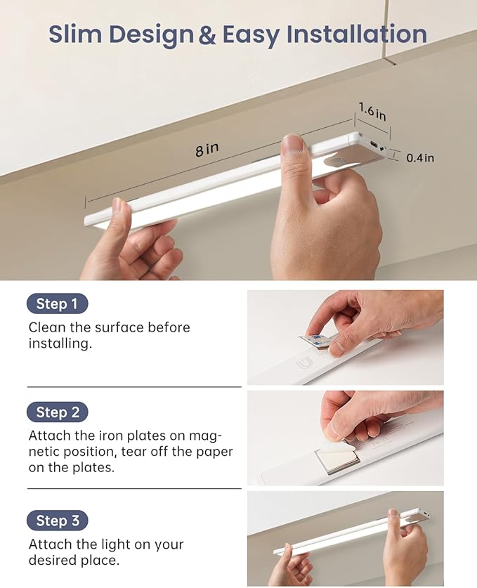 Pak Under Cabinet Lighting, 8 Inch 41 LED Rechargeable Battery Operated Motion Sensor Light Indoor, 1100 mAh Wireless Magnetic Dimmable 6500K Closet Lights, 5 Pack
