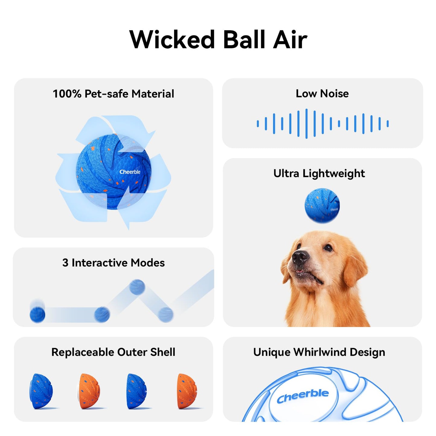 Cheerble Smart Interactive Dog Toy, Wicked Ball AIR, Automatic Moving, Bouncing, and Rotating, E-TPU Material, IPX7 Waterproof Rating, Active Rolling Ball for Medium and Large Dogs
