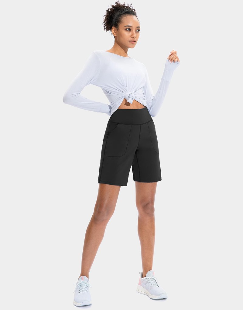 SANTINY Bermuda Shorts for Women with Zipper Pocket Womens High Waisted Long Shorts for Running Workout Athletic(Black_XL)