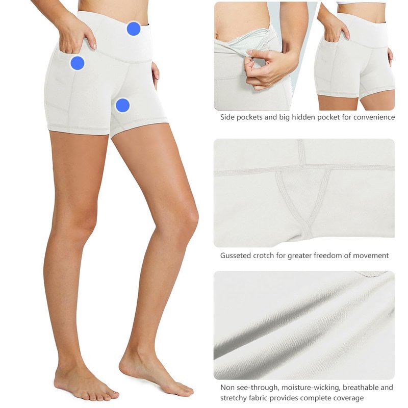 baleaf Workout Shorts Women 5" Biker Yoga Gym Spandex Running Volleyball Compression Tummy Control Short with Pockets White L