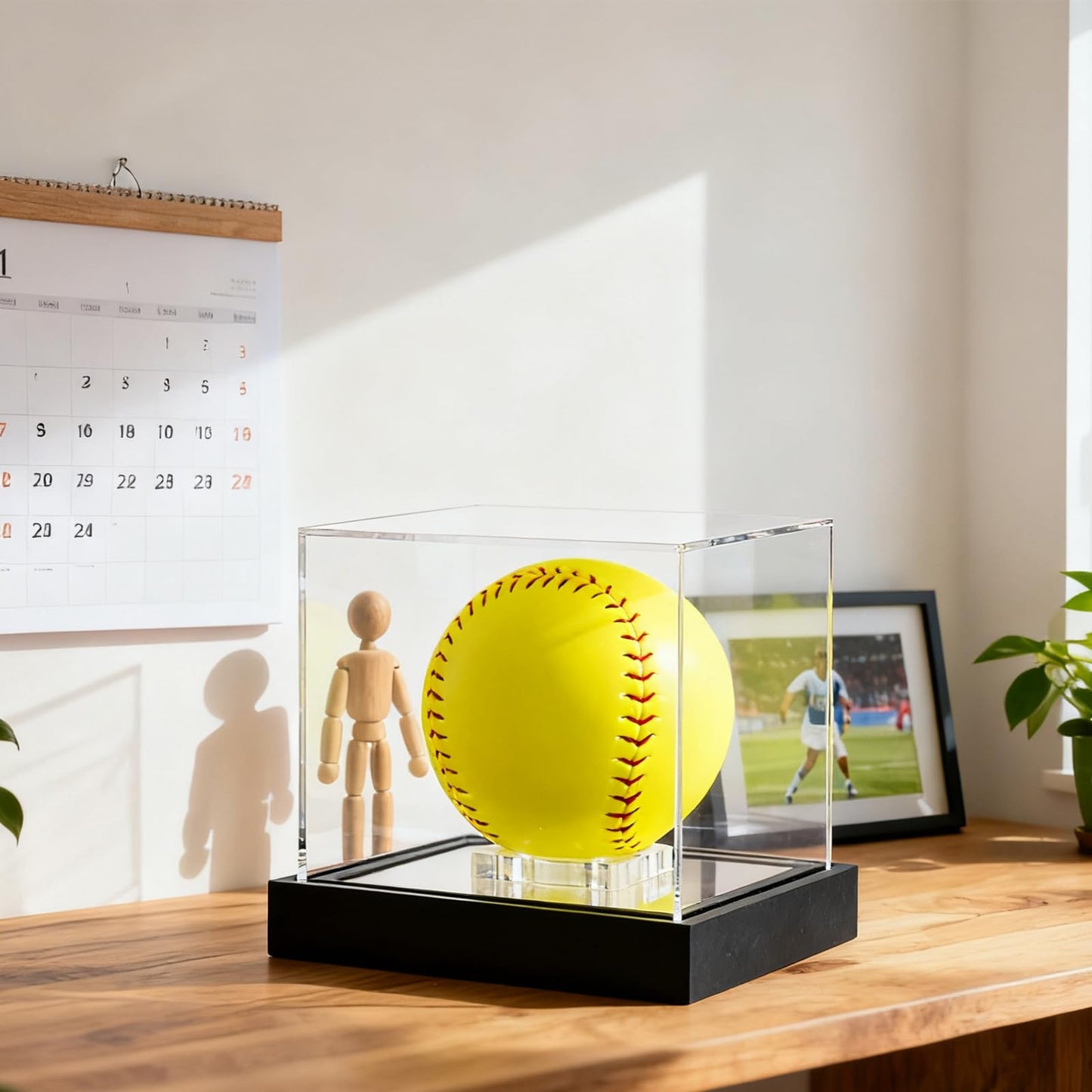 Softball Display Case with LED Light and Solid Wood Base, UV Protected Acrylic Display Box for Memorabilia, Signed Balls Showcase, No Assembly Required