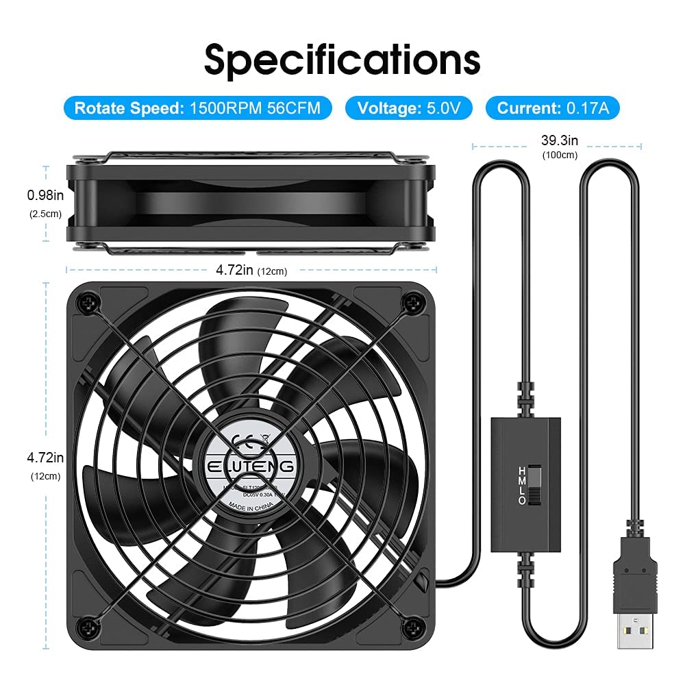 ELUTENG 120mm USB PC Fan 5V with L/M/H 3 Adjustable Speed Portable USB Computer Fan Electronic Cooling Fan 1500 RPM with Metal Grill for Laptop/TV Box/AV Cabinet/PS4/PS5/Router