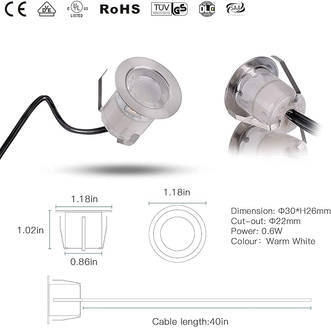 RNEHON LED Deck Lights Kit, Waterproof IP67 Deck Lamp Low Voltage 10 pcs Warm White LED In-ground Lighting Outdoor Garden Yard Pathway Patio Step Stairs Landscape Decor Lamps