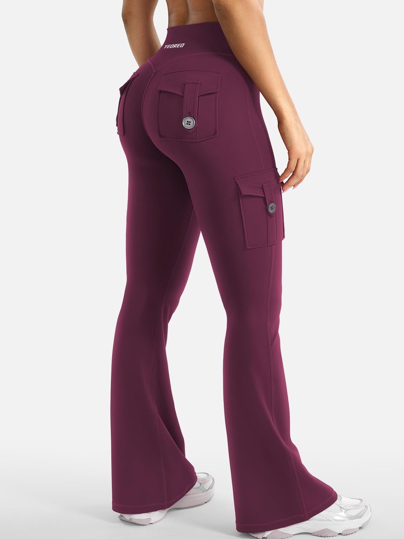 YEOREO CoreFlex Women Workout Flare Leggings with Pockets Hidden Scrunch High Waisted Cargo Gym Yoga Leggings Deep Cherry Red XS