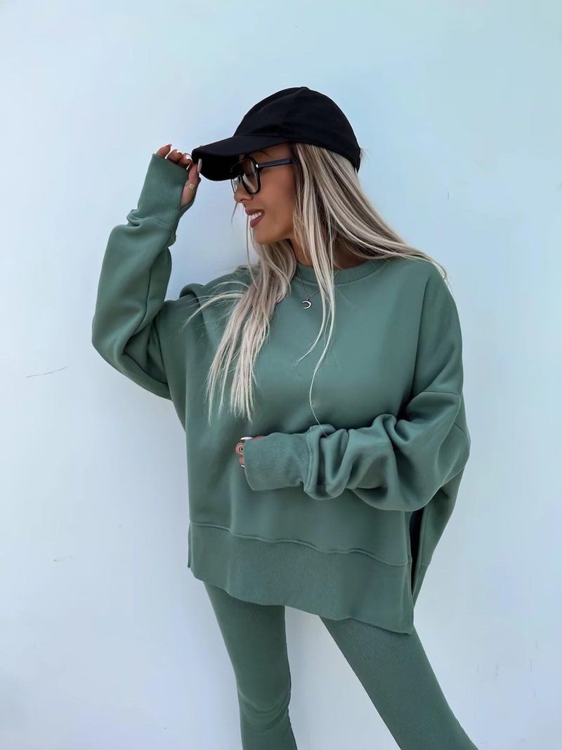 Adogirl Sweatsuit for Women Casual Two Piece Outfits Oversized Pullover Sweatshirts with Thumb Hole Slit Ribbed Pants Green M