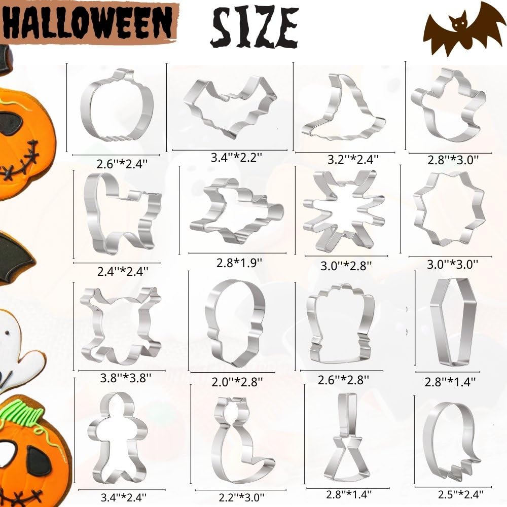 Halloween Cookie Cutters Set 16 Pieces Halloween Biscuit Cutters Shapes - Ghost, Bat, Pumpkin, Cat, Witch, Spider, Skull, Gingerbread Man, Etc. for Baking Stainless Steel