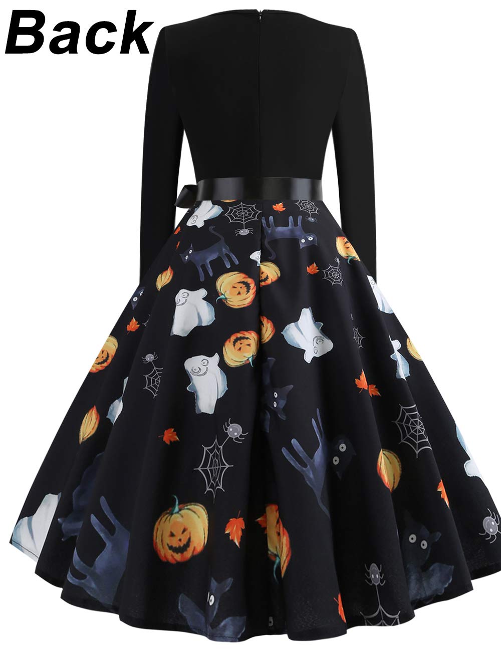 GreaSmart Halloween Dresses Womens Long Sleeve Cocktail Swing Dress Skeleton Pumpkin Printed Cosplay Party Costume
