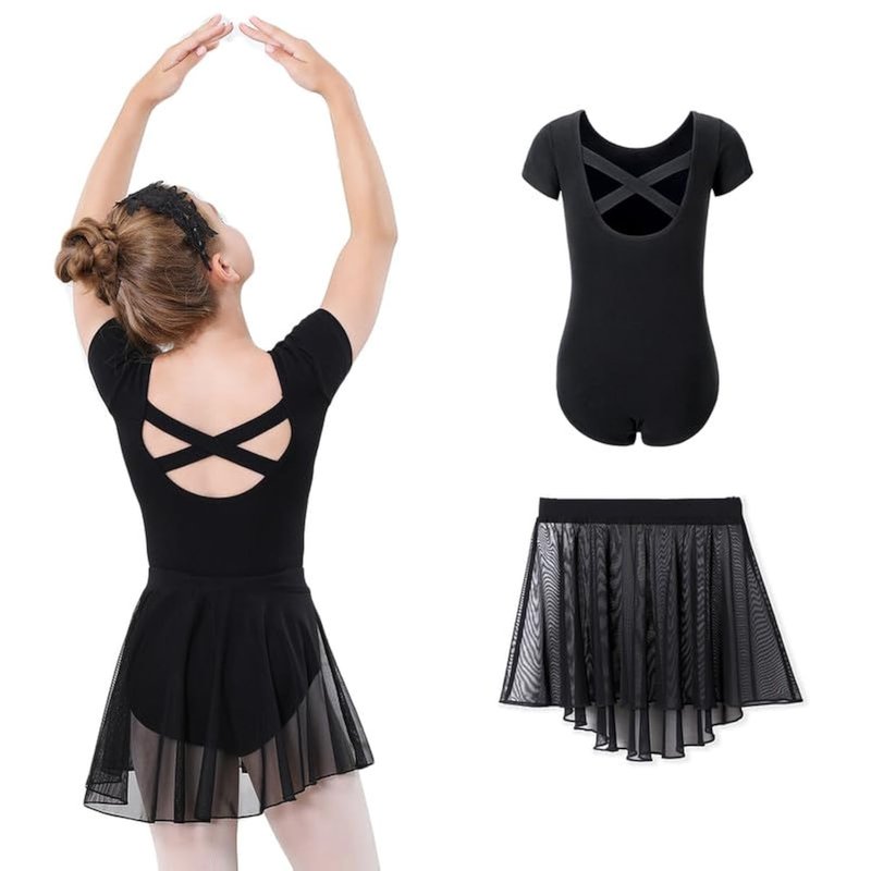 DIPUG Black Leotard for Girls Toddler Ballet Dance Leotards with Removable Skirt Combo Short Sleeve Criss Cross Back 4t 5t 6 S