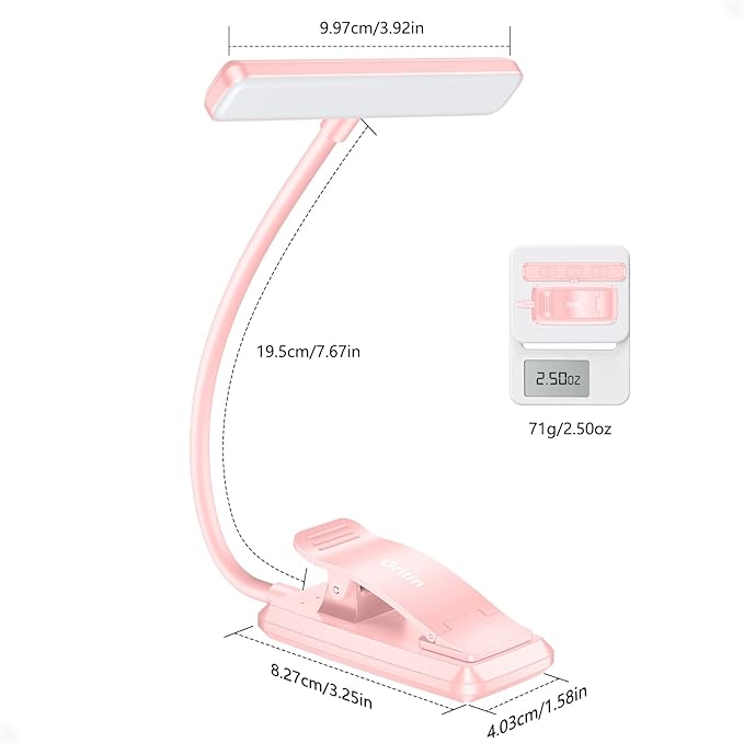 Gritin 19 LED Rechargeable Book Light for Reading in Bed with Memory Function- Eye Caring 3 Color Temperatures,Stepless Dimming Brightness,80 Hrs Runtime Clip on Light for Book Lovers-Pink