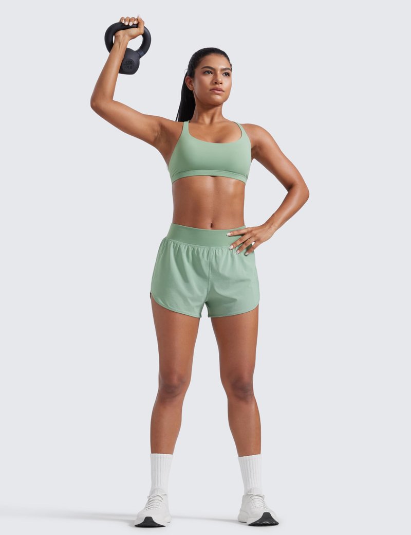 CRZ YOGA Mid Flat Waisted Running Shorts for Women 3" - Mesh Liner Quick Dry for Workout Sport Athletic with Zipper Pocket Green Palm Court Large