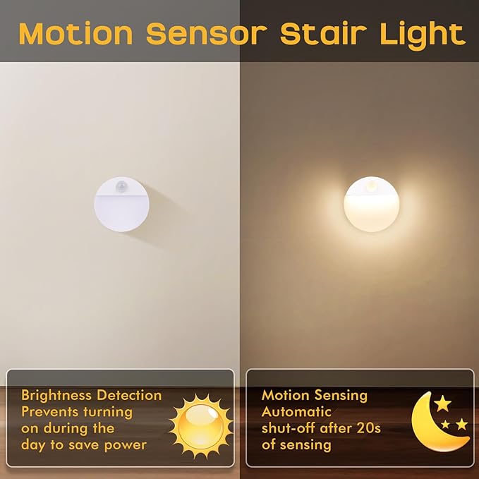 12 Pack Motion Sensor Stair Light for Indoor, Battery Operated Night Lights, Led Stick On Puck Lighting Closet Lamp, Motion Activated Lamps for Step, Cabinet, Hallway, Bathroom