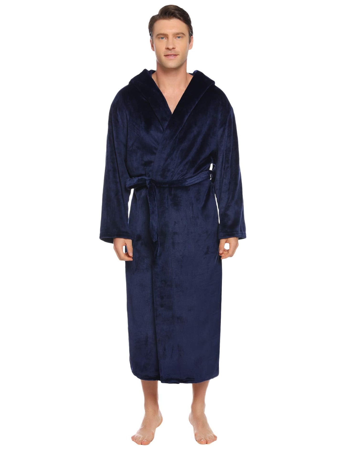 Vlazom Men Dressing Gown, Flannel Soft Bathrobe Cosy Warm Robes Fluffy Hooded Housecoat forWinter Loungewear, A-navy, XXL