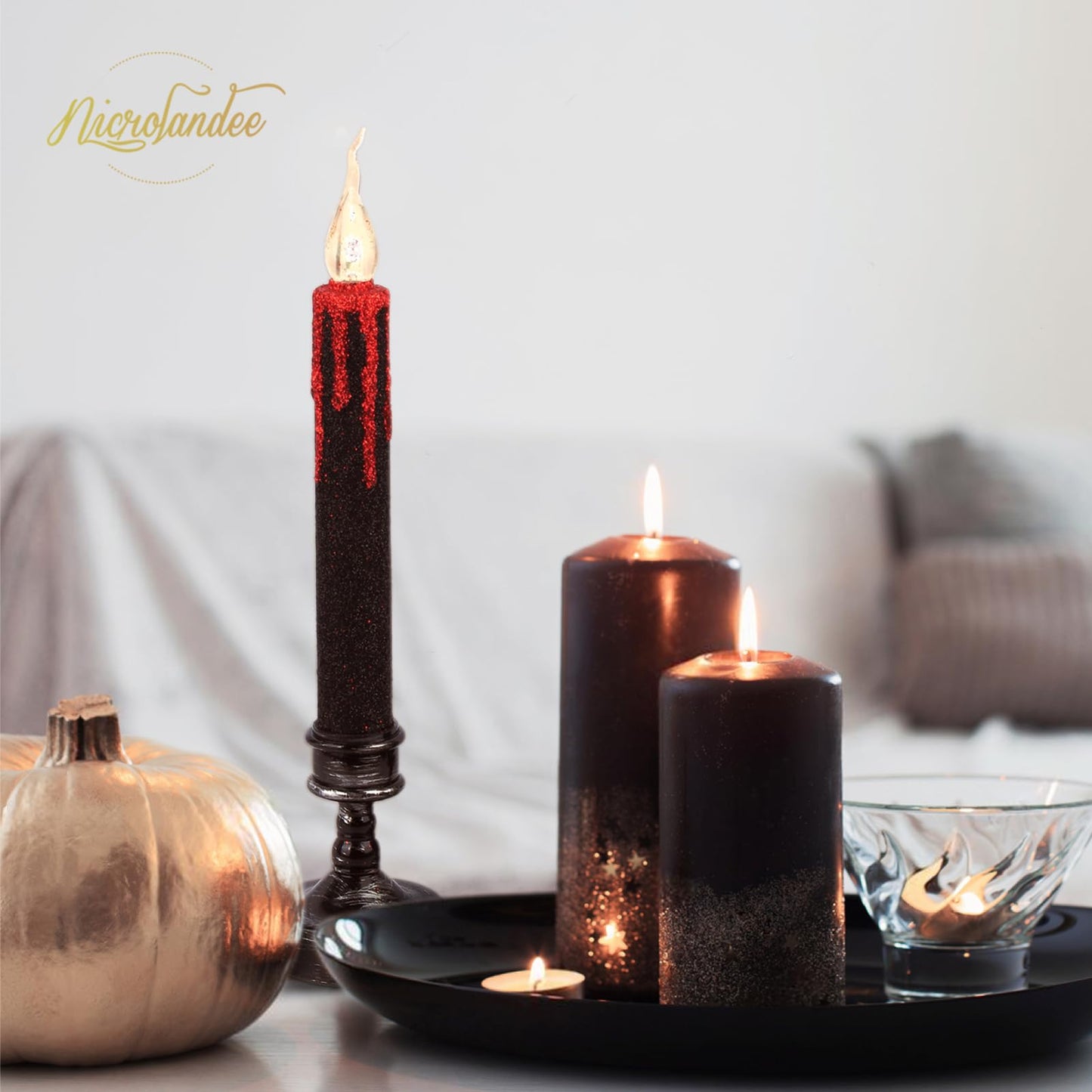 Nicrolandee Halloween Decorations, 2 PCS Blood Dripping Flameless Candles Led Taper Candle with Remote Control, Amber Warm Yellow Flickering Candle for Halloween Home Decor, Horror Party Decorations
