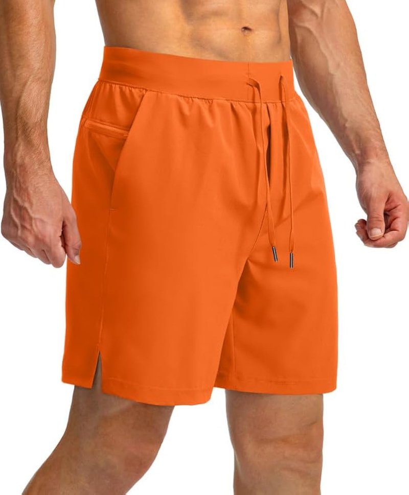 Soothfeel Men's Running Shorts with Zipper Pockets 7 Inch Lightweight Quick Dry Gym Athletic Workout Shorts for Men (Orange, XL)
