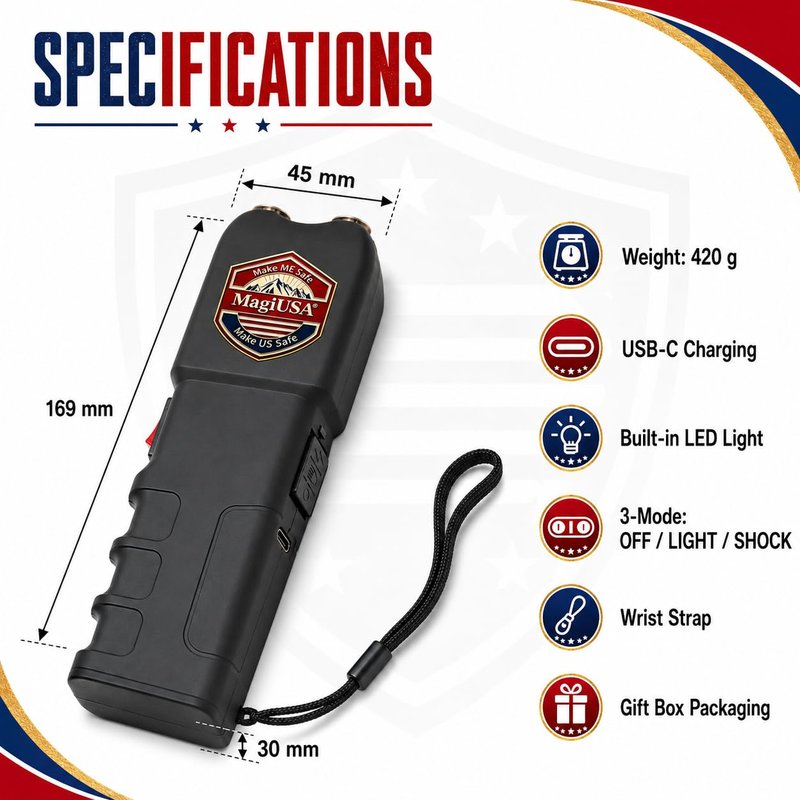 989 MagiUSA Rechargeable Stun Gun for Self Defense, LED Flashlight, Black