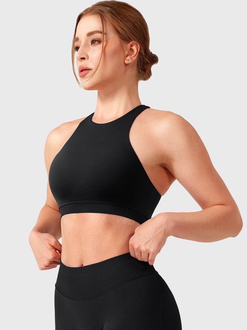 YEOREO CoreFlex Racerback Sports Bras for Women Padded Medium Impact Seamless Yoga Workout Crop Tops Black S