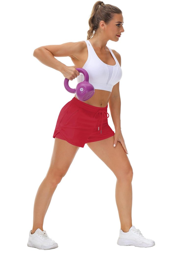Mancreda Women's Running Shorts with Liner 3 Zipper Pockets Elastic Workout Athletic Gym Yoga Shorts(RD,S) Red