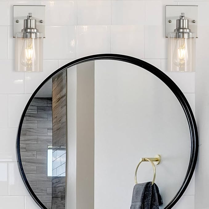 Modern Wall sconces Set of 2,Bathroom Vanity Light fixtures, Brushed Nickel Wall Light with Glass Shade, Farmhouse Wall sconces for Mirror,Bedroom,Living Room,1-Lights
