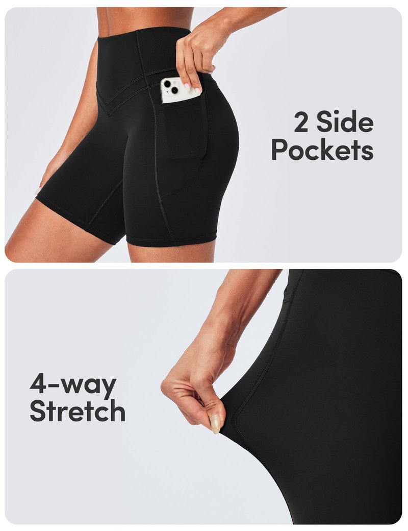 IUGA Compression Biker Shorts Women Tummy Control with Pockets Workout Shorts High Waisted Yoga Running Gym Short Spandex Black