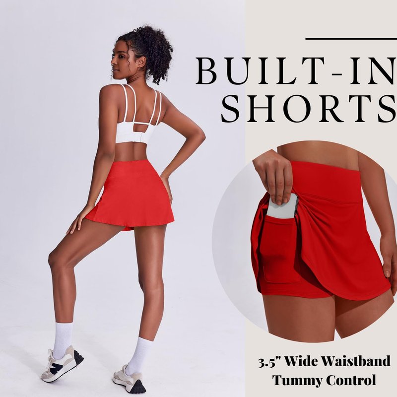 PINSPARK Tennis Skirts Womens Pleated Skirts Athletic Skort Mini Golf Skirts with Pocket Pickleball Skorts Y2K Workout Outfits,Red Large