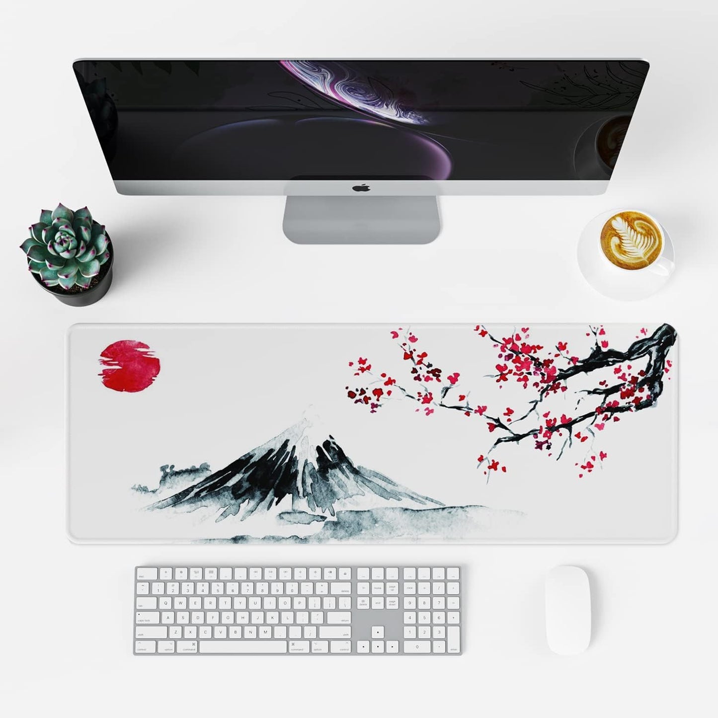 EFISH Japanese Cherry Blossom White Mouse Pad (31.5 × 11.8 × 0.12 inch) Extended Large Mouse Mat Desk Pad, Stitched Edges Mousepad,Non-Slip Rubber Base,Gaming Mouse Pad XL