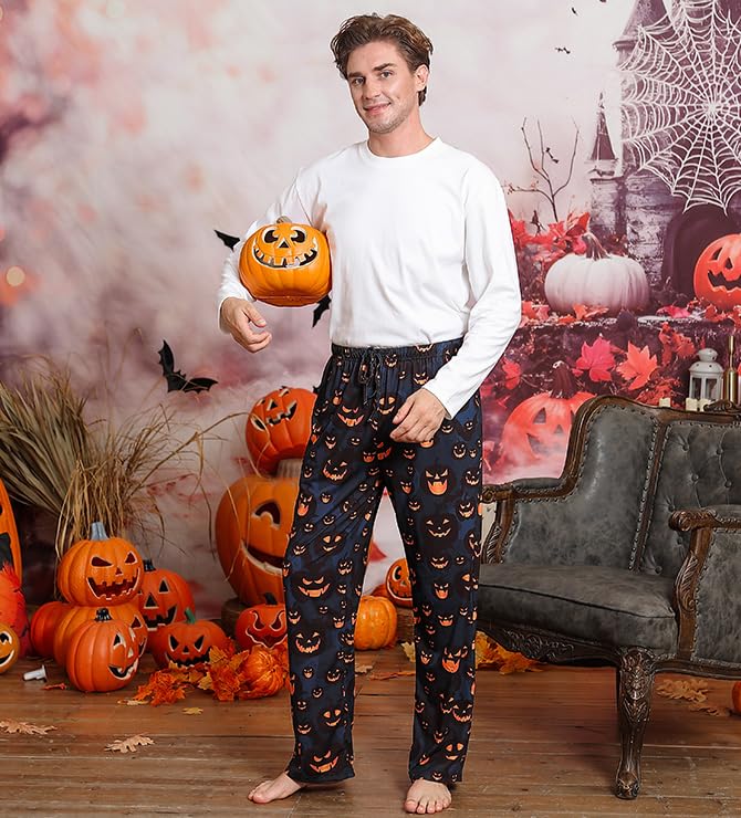 Pjs Bottoms Mens Halloween Orange Pumpkin Pajama Pants for Men 3D Printed Black Elastic Waist Sleepwear for Couples Man Funny Hallowmas Sleeping Clothes Male