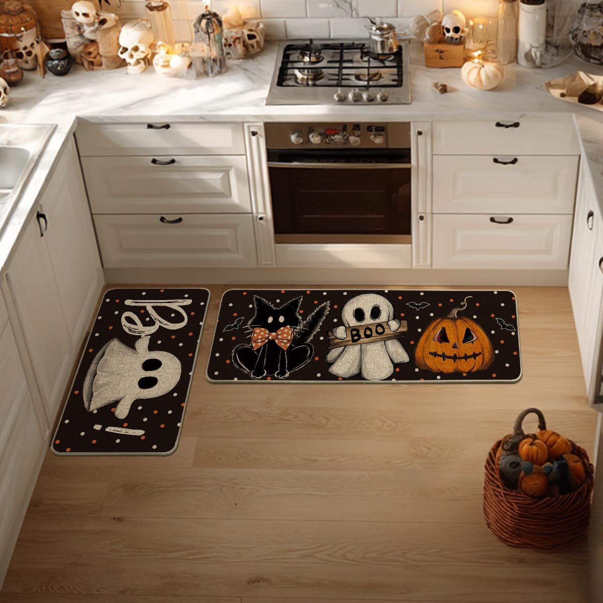 Artoid Mode Bats Black Cats Boo Pumpkin Halloween Kitchen Mats Set of 2, Home Decor Low-Profile Kitchen Rugs for Floor - 17x29 and 17x47 Inch