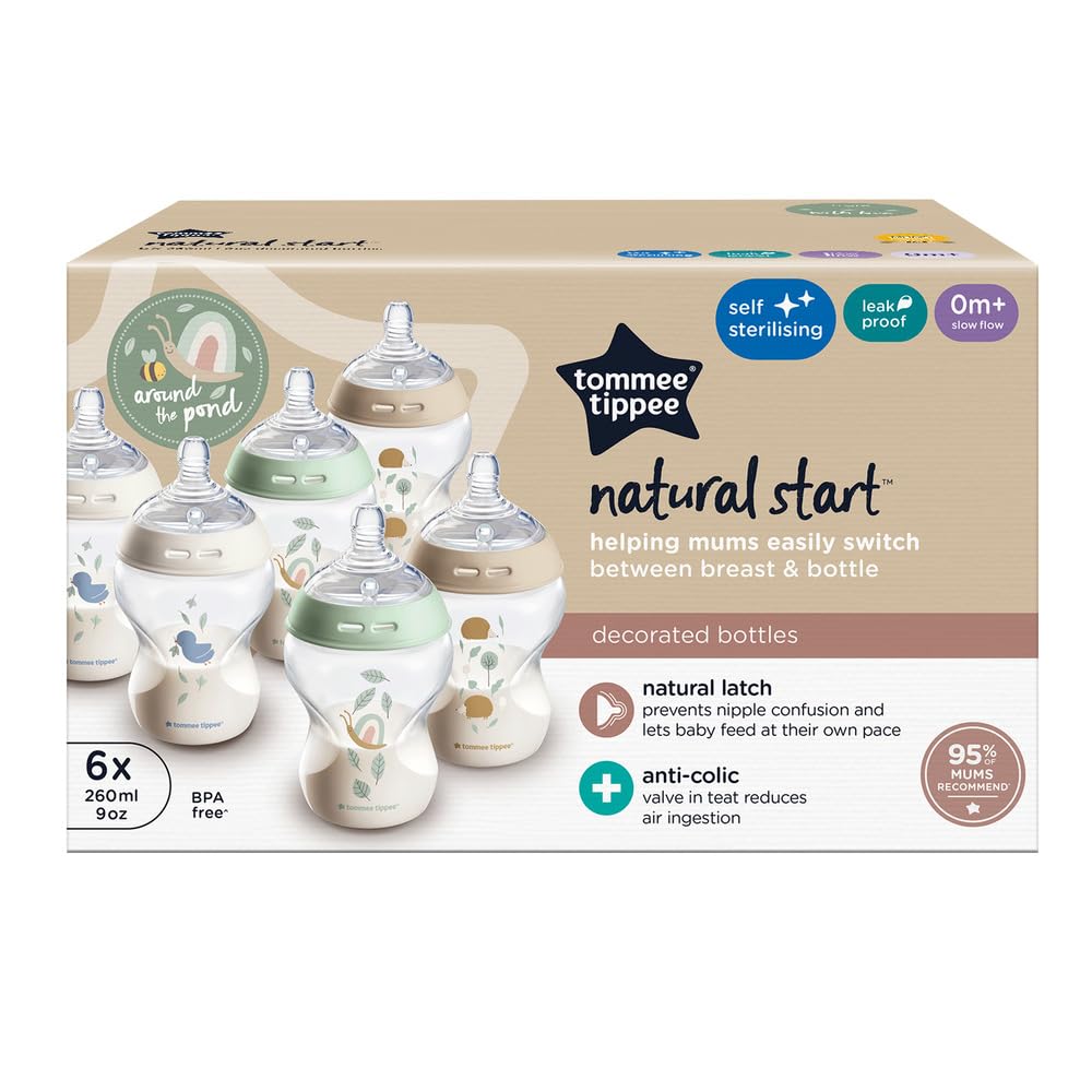 Tommee Tippee Natural Start Baby Bottles for 0m+, Pack of 6 260ml Baby Bottles, with Slow Flow Breast-Like Teat for a Natural Latch, Self-Sterilising and BPA Free, Baby Feeding Essentials, Pond