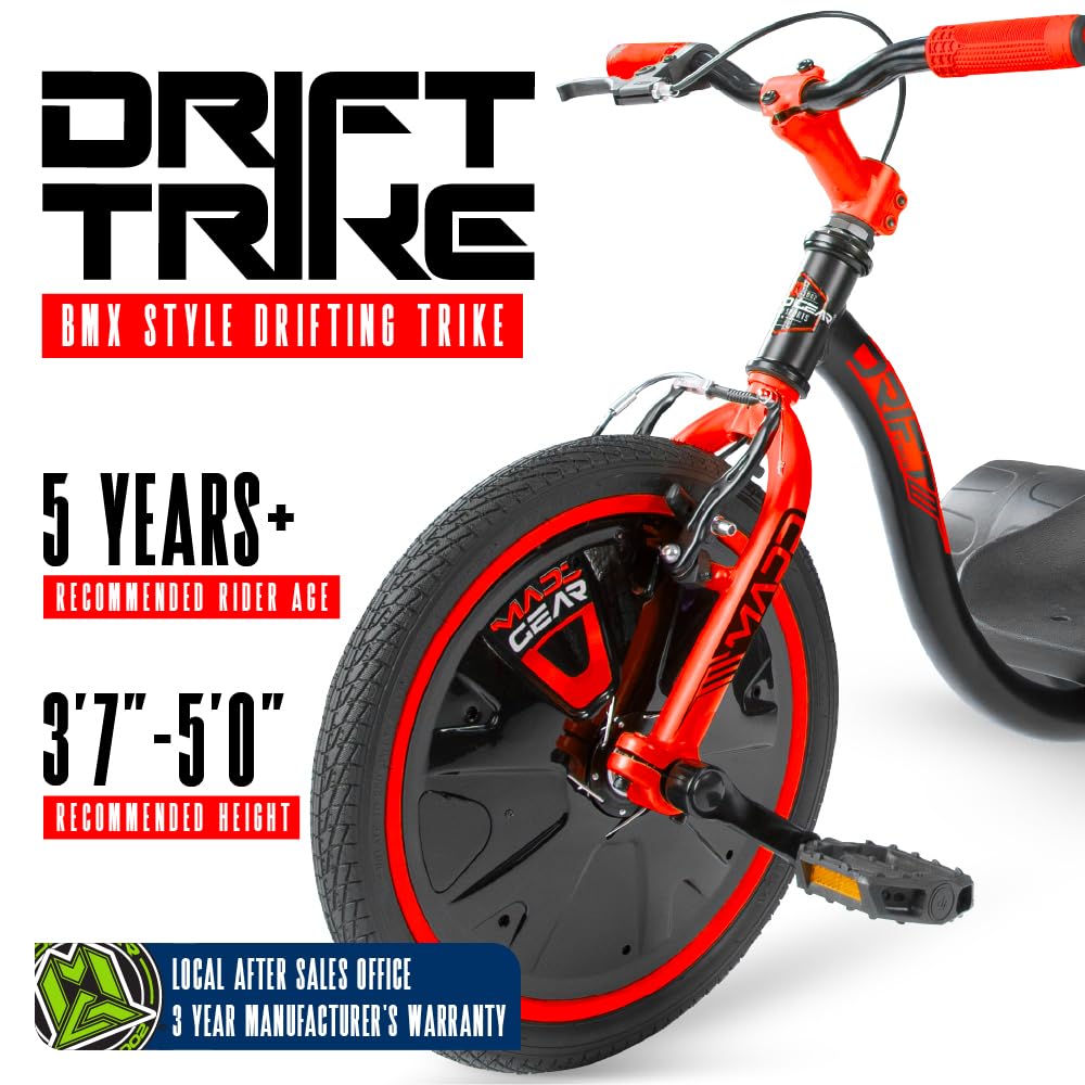 Drift Trike for Kids Ages 5+ – 16" Front Wheel Ride-On with Adjustable Seat, Steel Frame, Rear Slick Drift Wheels & Safety Flag – Madd Gear - (Black Red)