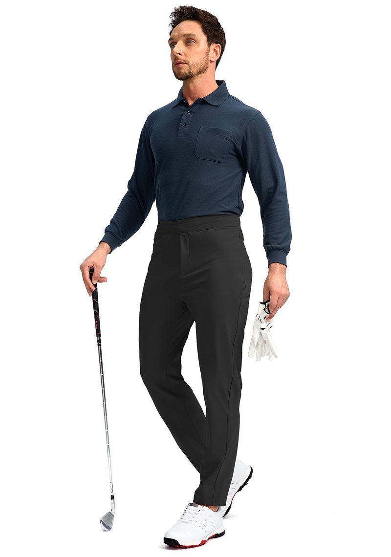 Pudolla Men's Golf Pants Stretch Sweatpants with Zipper Pockets Slim Fit Work Casual Joggers Pants for Men (Black Large)