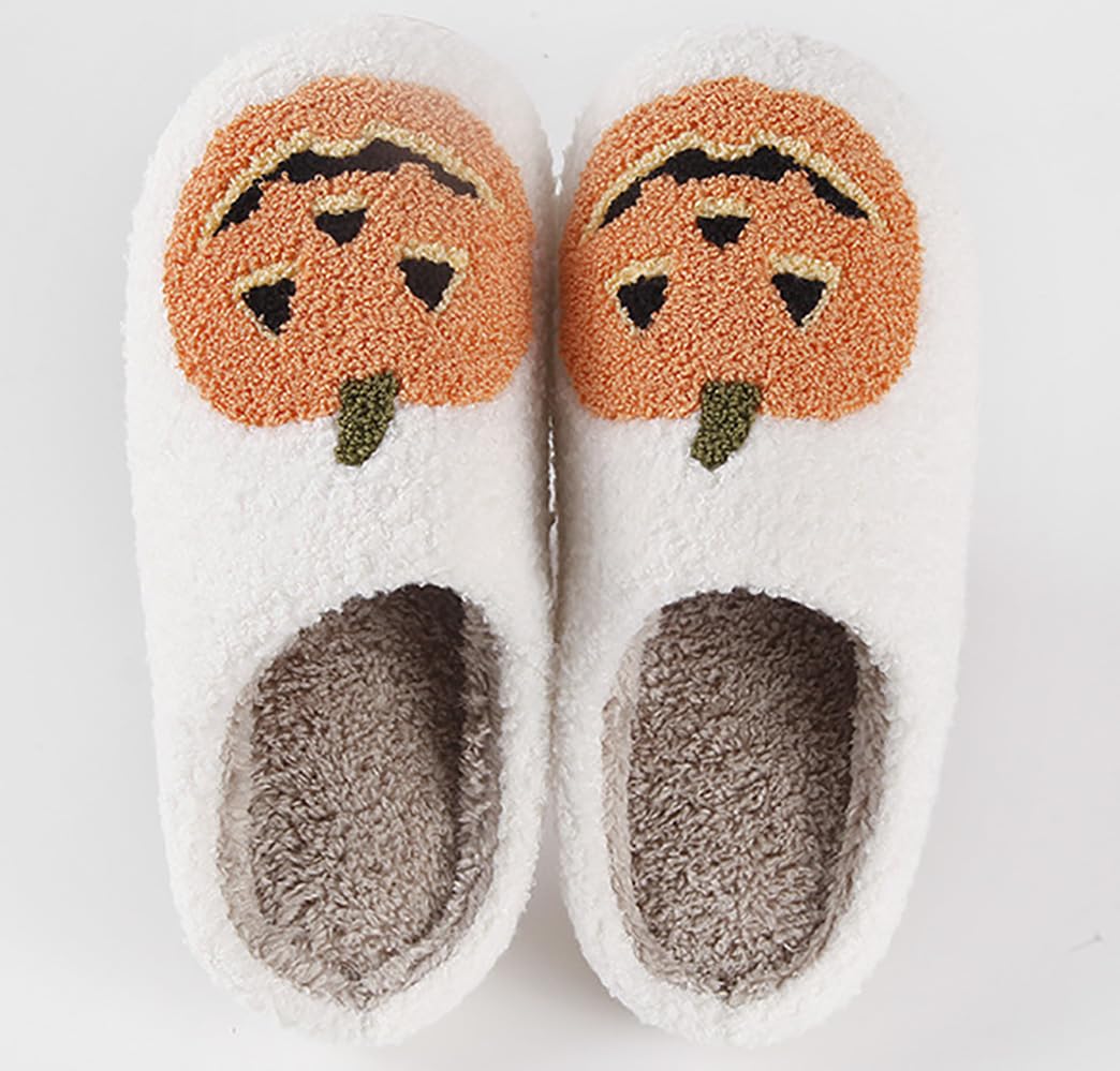 HIPINISS Halloween Pumpkin Slippers for Women Men Halloween Spooky Lantern Pumpkin Plush Warm Slippers Indoor Outdoor Memory Foam House Home Winter Shoes,Pumpkin White 43-44
