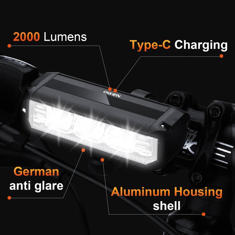 ONVIAN 2000 Lumen Bike Headlight Rechargeable, 4 LED Modes Bike Light for Night Riding, Sturdy Aluminum Alloy Installation for Bicycle Snowblower 4Wheelers Cycling MTB Headlights Handlebar Accessories