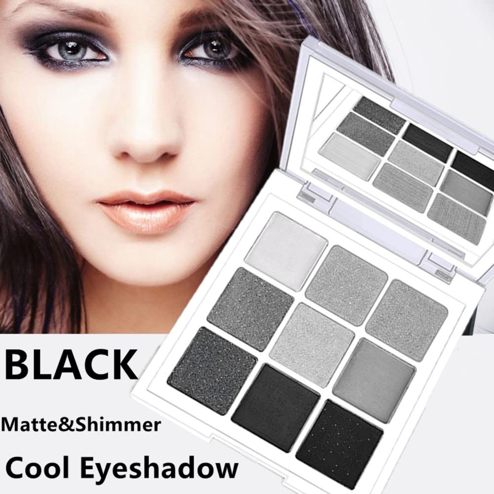 Go Ho Black Grey Silver Smoky Eyeshadow Palette,9 Colors Matte&Shimmer Eye Makeup Palette,Goth Eye Shadow Pallets for Women,Waterproof Cool Eye Shadow Palette Makeup with Prism Mirror