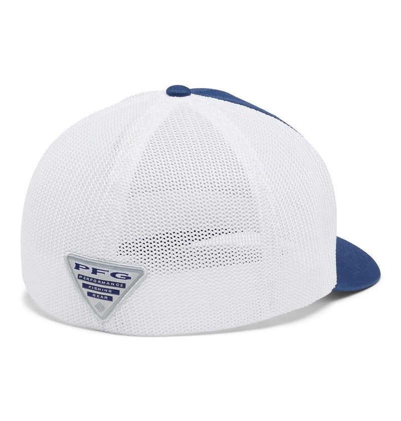 Columbia Unisex PFG Leather Fish Flag Mesh Ball Cap, Carbon/White, L/XL