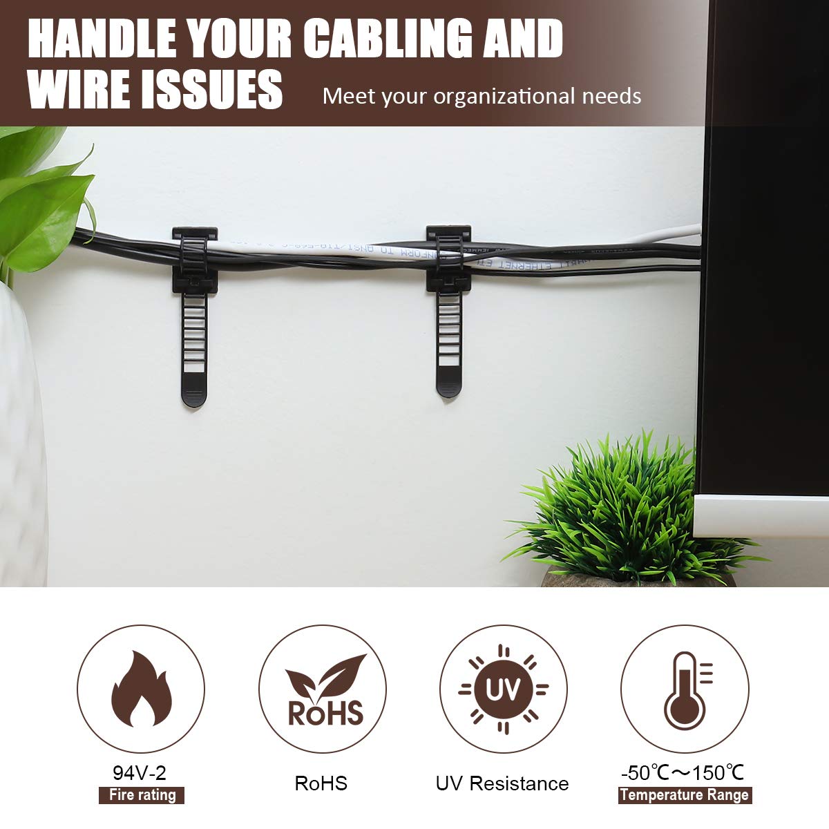 50Pcs Adjustable Adhesive Cable Management Clips, Nylon Cable Strap Ties Wire Clips Clamps Organizer with Strong Adhesive Tape, Extra Screw & Hole for Strong Fixation Home Office - 3.35 Inch Black