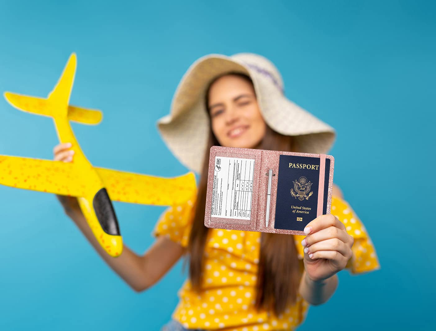 Caweet Passport Holder and Vaccine Card Holder Combo RFID Blocking Leather Vaccination Card Wallet with Elastic Band Closure, Glitter Rose Gold