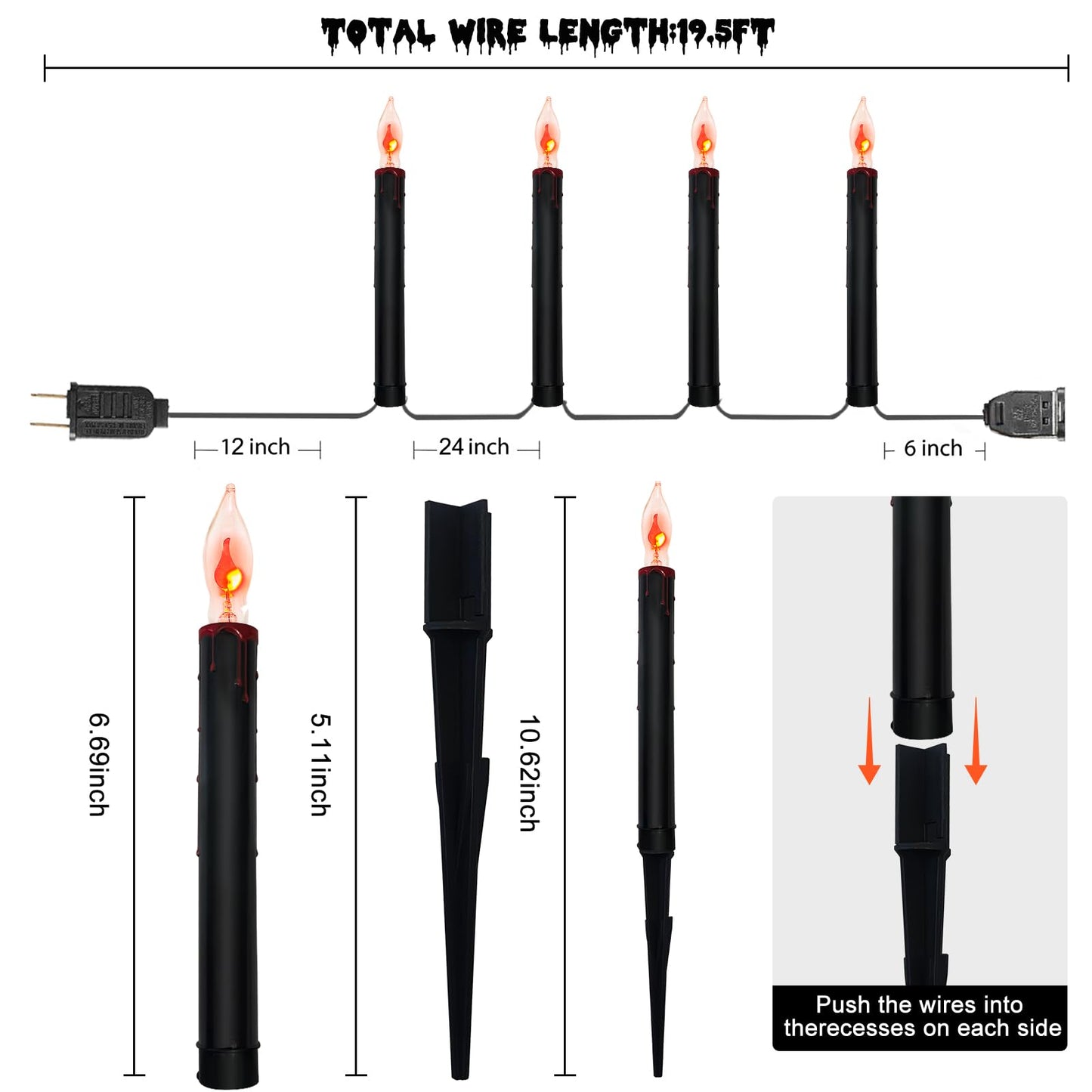 Halloween Pathway Lights Outdoor, 19.5Ft Halloween Pathway Marker String Lights with 10 C18 Flicker Flame Black Candles Stakes Lights Plug in Walkway Light for Lawn Garden Sidewalk Driveway