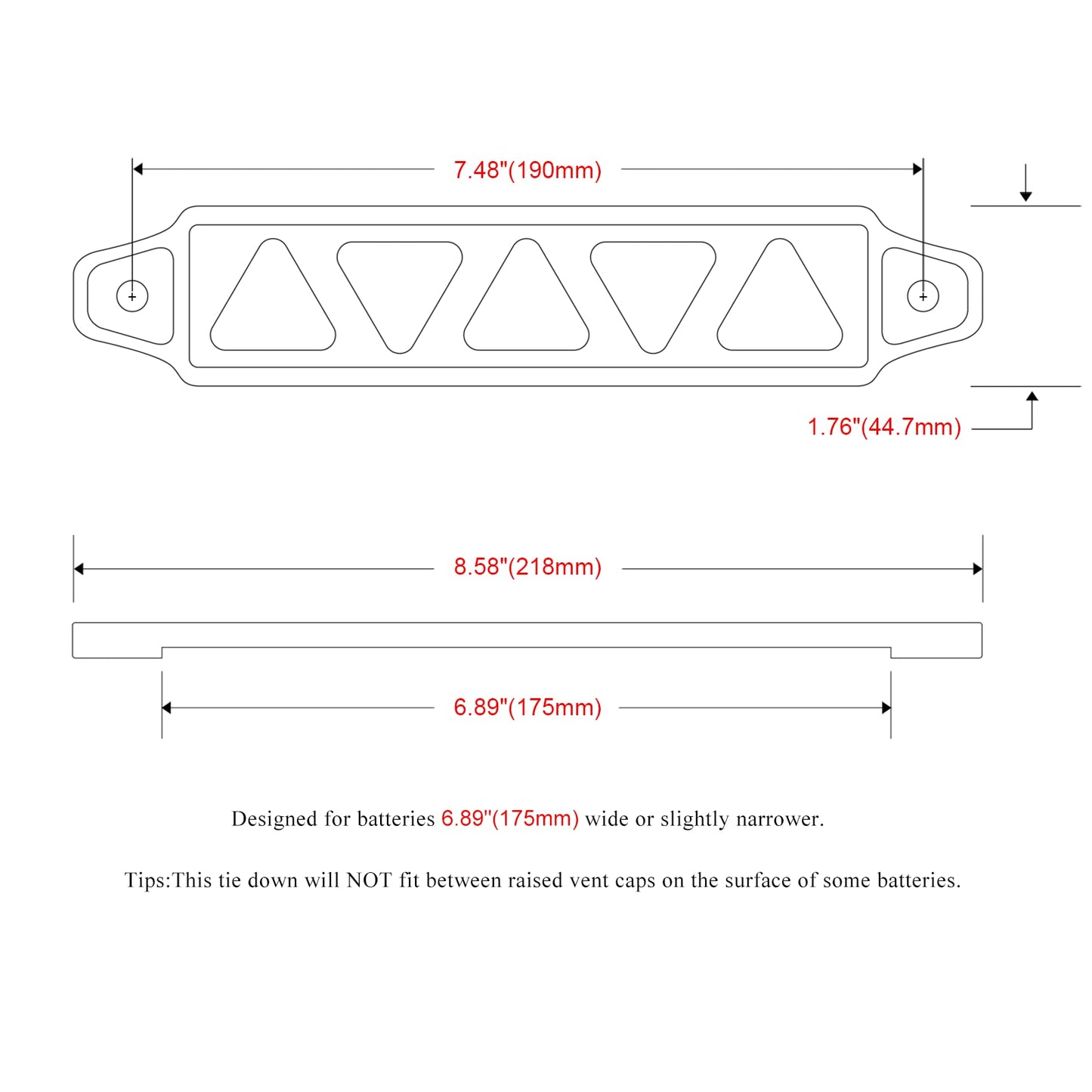 ARONOVA Battery Hold Down Sets,With Billet Aluminum Battery Tie Down Bracket and 18-8(304) Stainless Steel J bolts (Red, 10 inch bolts)